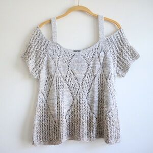 New York & Company Beige Cold Shoulder Knit Crochet Short Sleeve Top